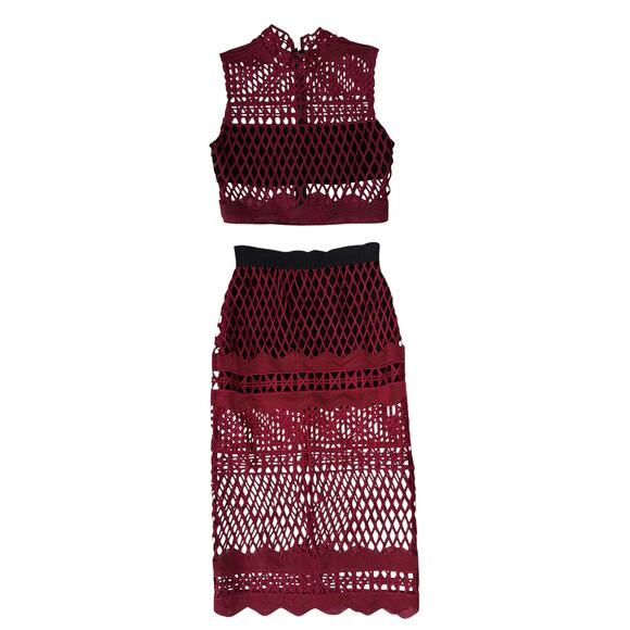 Self-Portrait Cutwork Burgundy Mesh Crop Top & Midi Skirt Set Size 8 - Picture 2 of 16